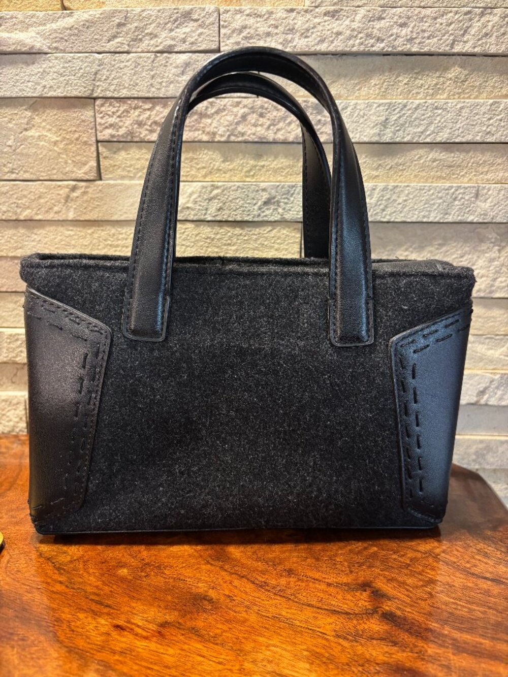 DKNY CITY Mini Tote Bag Black Charcoal Wool Felt Vegan Leather Whipstitch bag